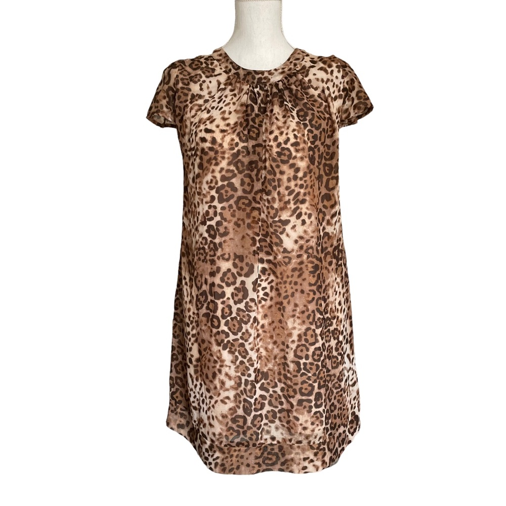 Leopard Chiffon Dress XS Short Sleeve Eva Mendez Brown Neutral Crew Neck Loose